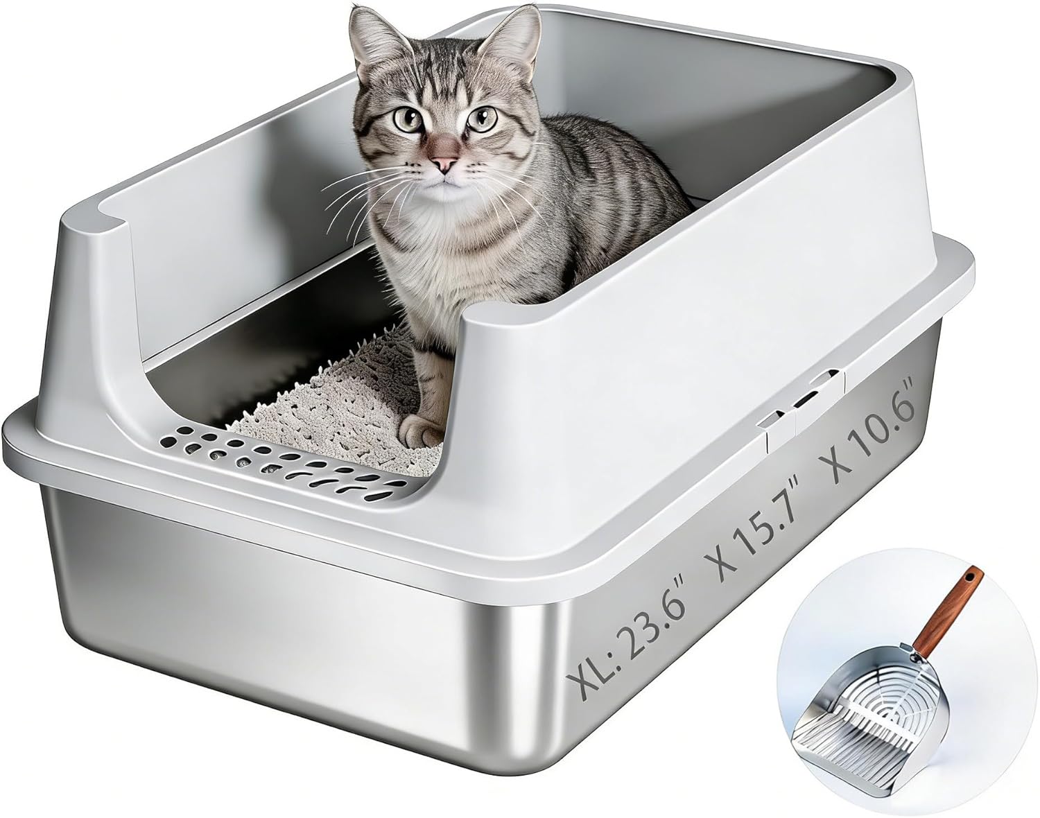 Stainless Steel Litter Box with High Sided Plastic Enclosure, 23.6"×15.7"×10.6" Cat Litter Box, Metal Kitty Litter Box Does not Easily retain Odors & Easy to Clean, Large Cat Splash Guard