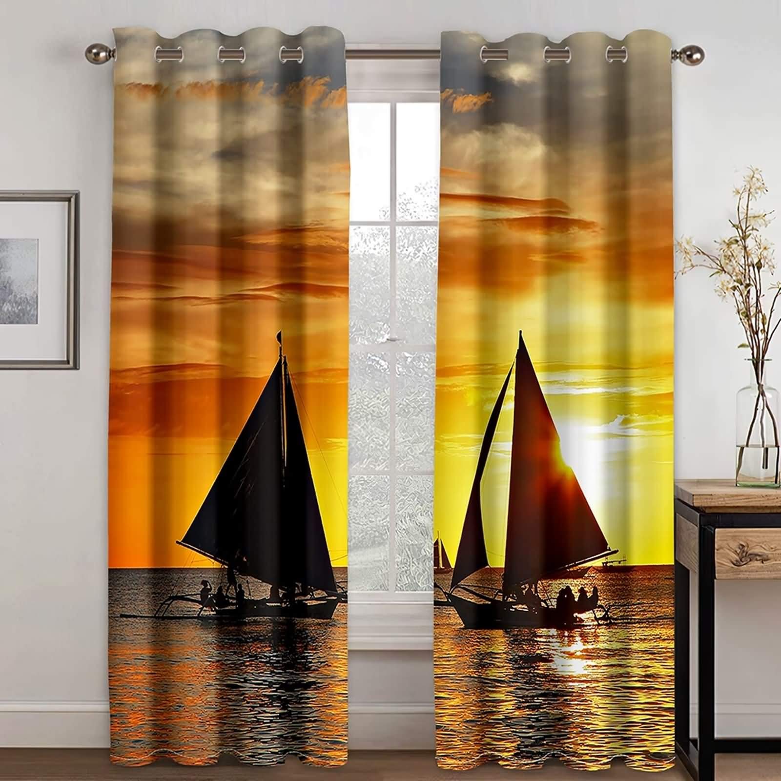 Rideaux occultants de chambre KnSam - Voilier coucher du soleil jaune - Lot de 2 132x244cm