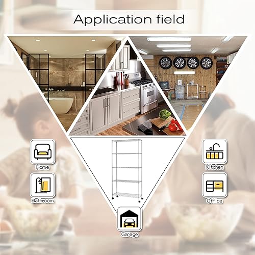 Miniatura 6 de Estantería de 5 niveles con ruedas, estante de almacenamiento de metal resistente NSF de altura ajustable para lavandería, baño, cocina, garaje,