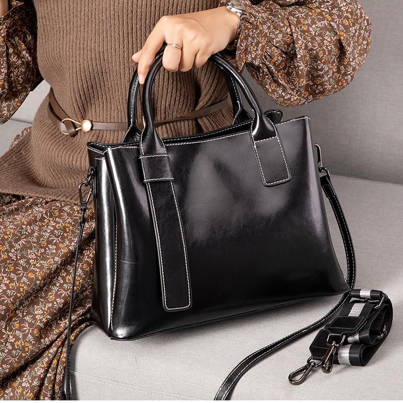Women's Genuine Leather Tote Bag, Satchel Handbags with 2 Interchangeable Straps, Classic Top Handle Shoulder & Crossbody Purse for Work - Black - Image 7