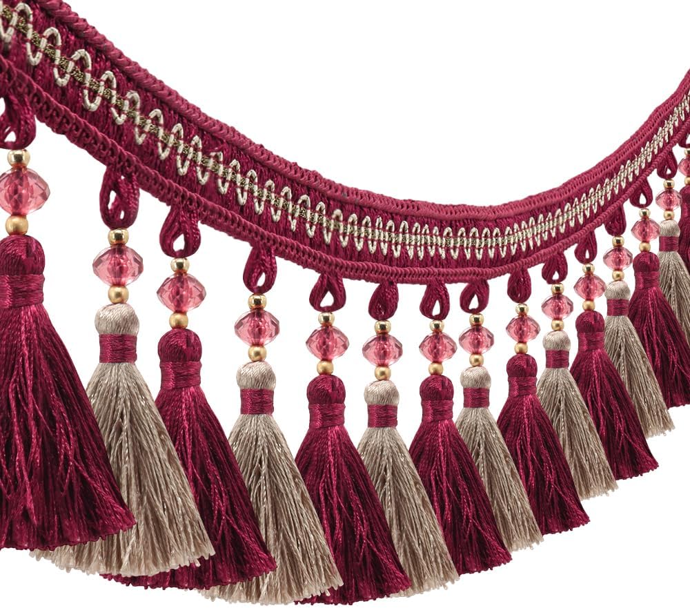 3Yard Drop Pendant Fringe Trim, Lampshade Decoration,Decorative Beaded Edging for Curtains, Clothing, Sew On Embellishment (Pink)