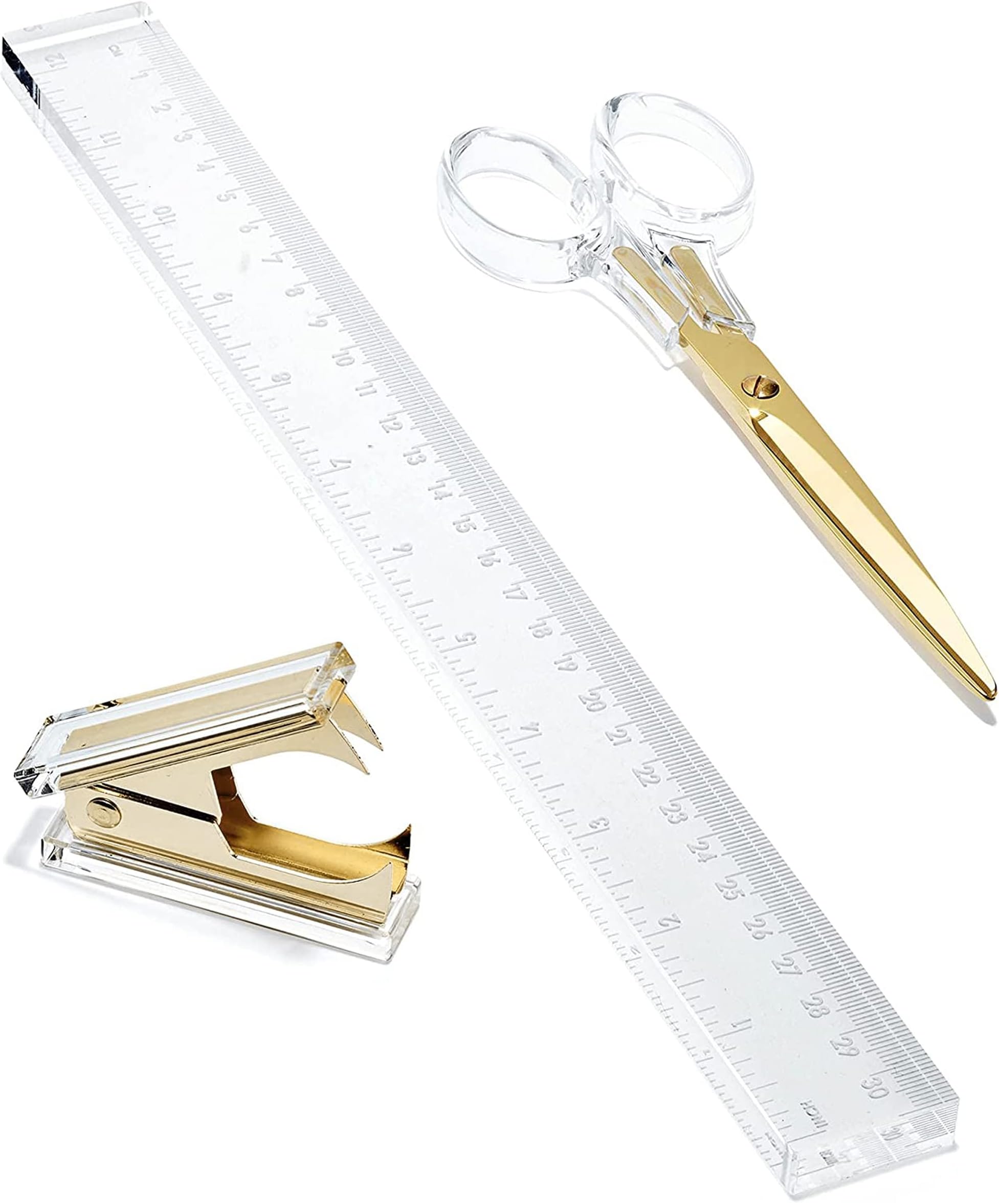 OfficeGoods Acrylic and Gold Desk Accessories Set ? 12 Inch Ruler, 6.5 Inch Scissors and Stapler Remover - for Your Every Day Office Needs with Style - Beautiful and Magical!