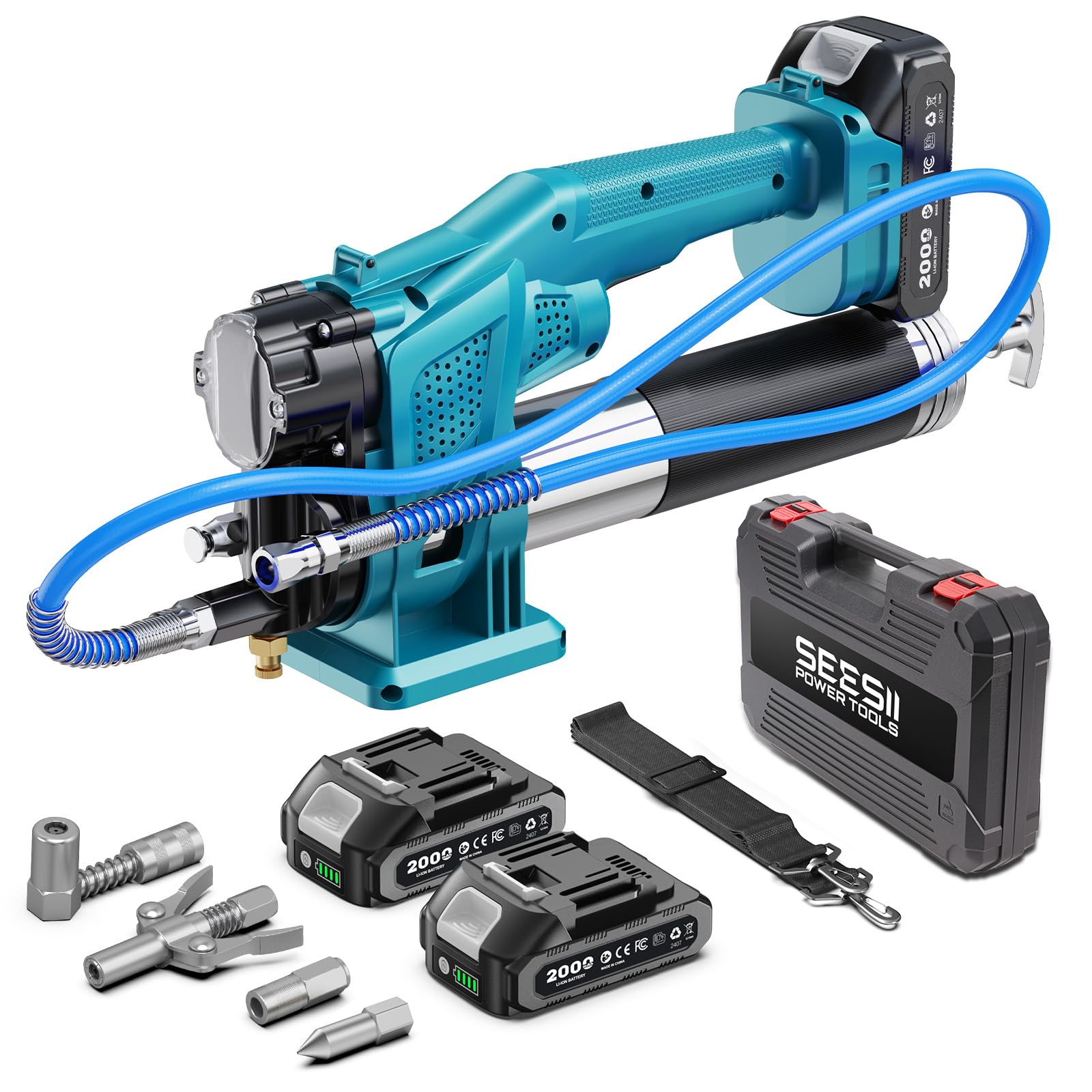 Seesii Akku-Fettpresse Set – 10.000 PSI, Mit 2 Akkus, 100 Cm Schlauch & 3 Mundstücken Für Schnelles Schmieren