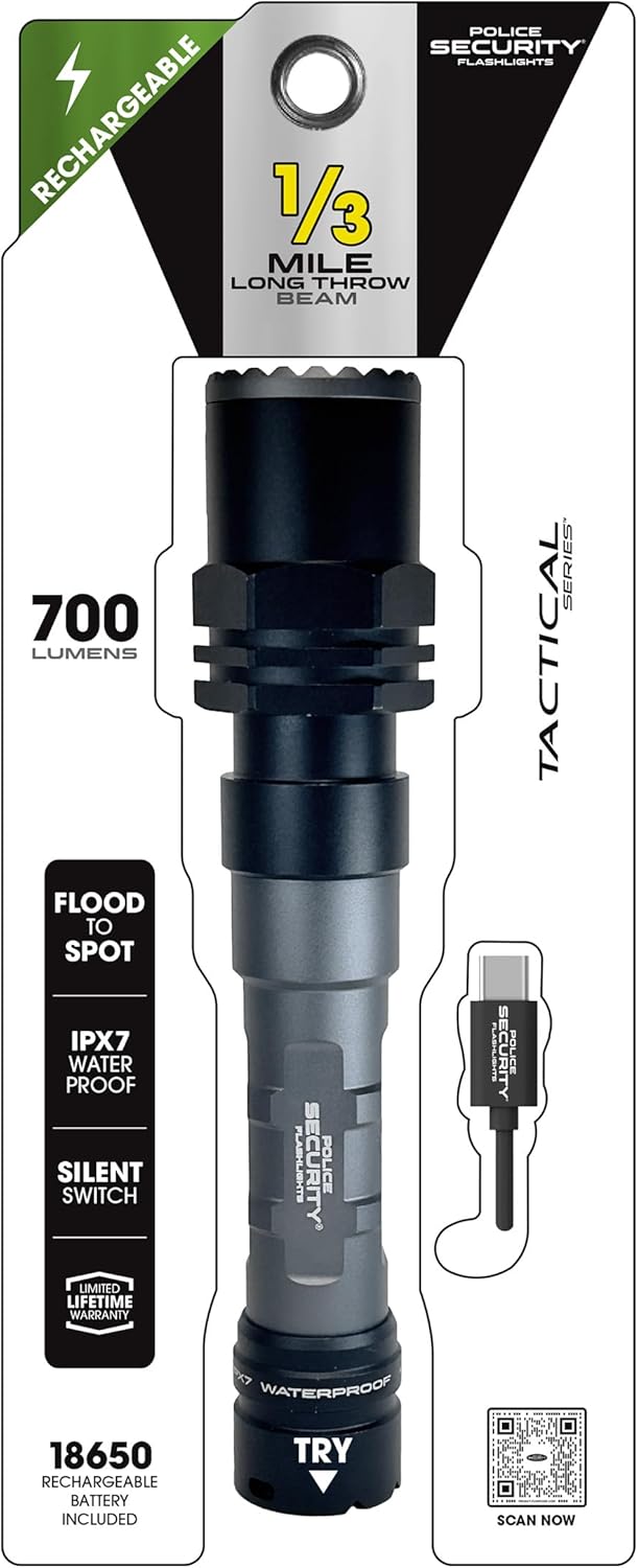 Police Security - Long Throw Flashlight - 700 Lumen, LED Laser Technology, High Beam Distance, Rechargeable Battery, Twist Focus
