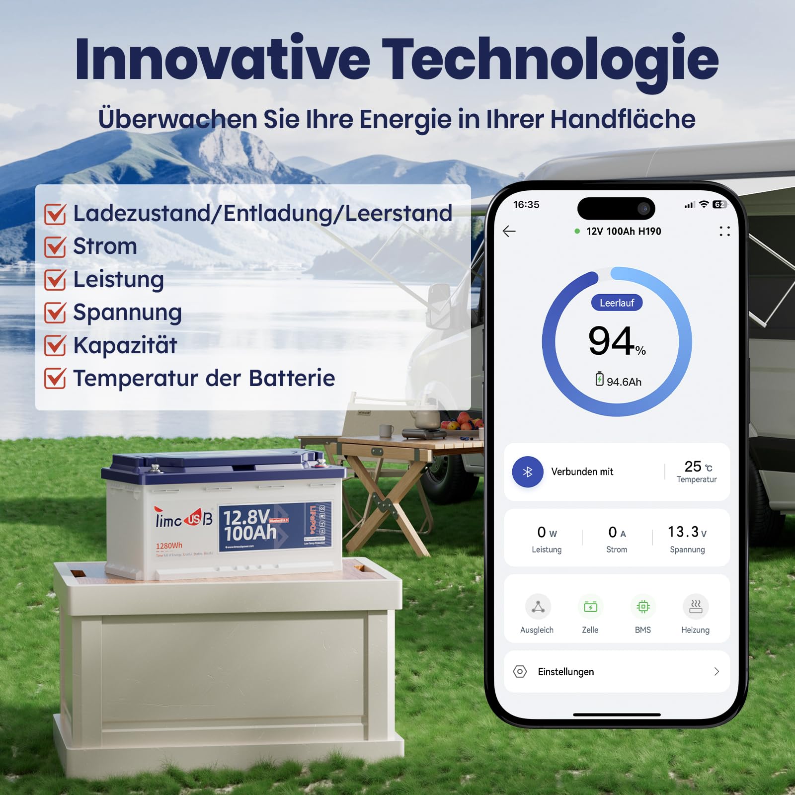 Timeusb LiFePO4 12V 100Ah Batterie Bluetooth H190 für Untersitz Wohnmobil | DIN H8/L5,100A BMS mit Tieftemperaturschutz,1280Wh Tiefzyklus Lithium Akku für RV Campervan Wohnwagen