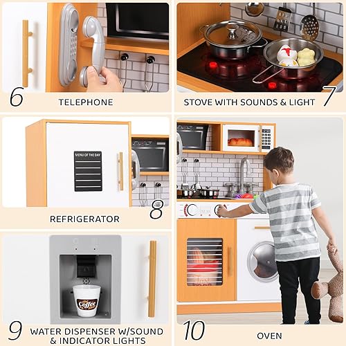 Miniatura 5 de MAMIZO Cocina de juguete para niños, cocina de juguete de chef de madera con lavadora, dispensador de agua, estufa, sonido y luz reales, teléfono,
