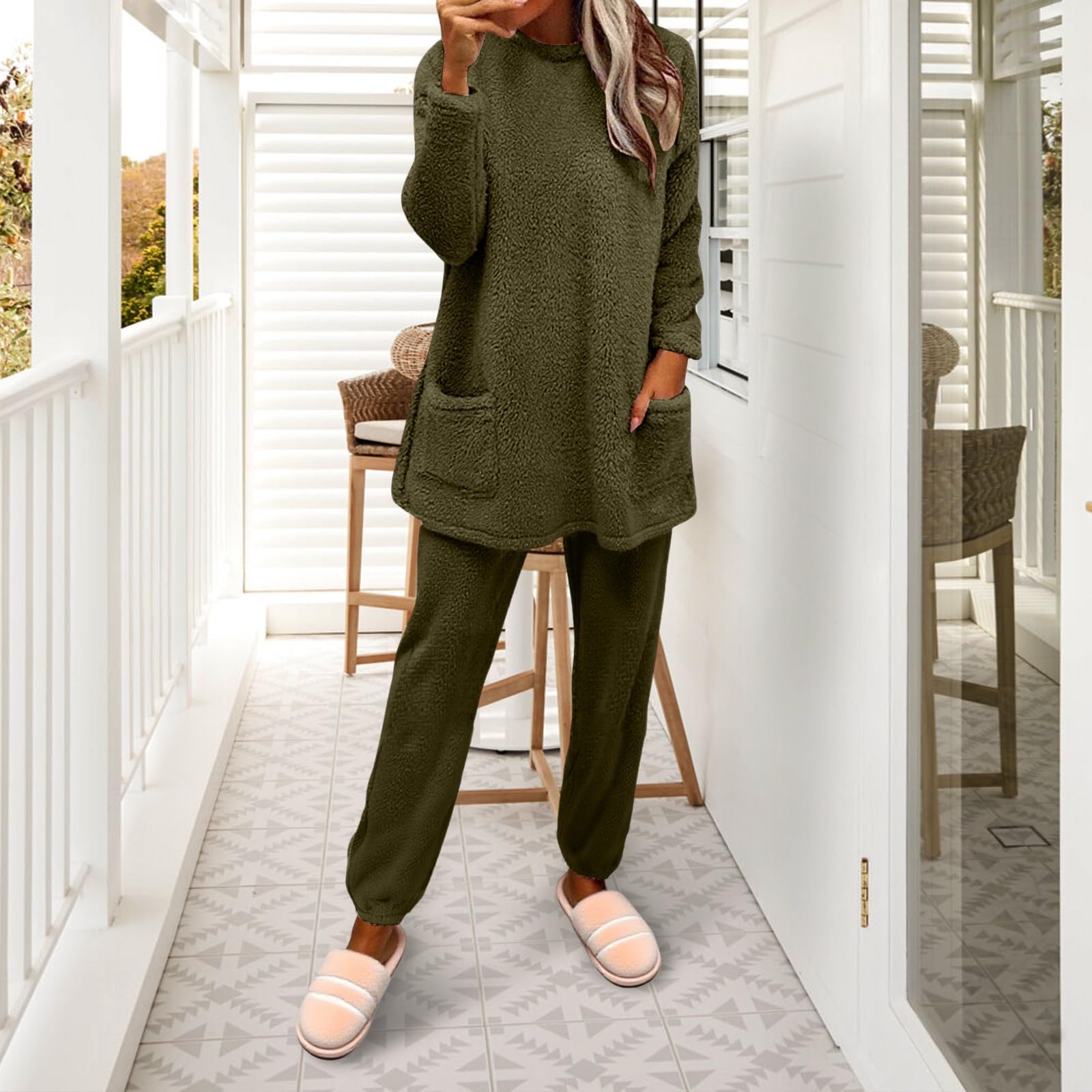 Da Donna A Maniche Lunghe con Pullover, Autunno E Inverno, in Morbido Pile Doppio, Rilievo Comodo Abbigliamento Casa per Le Notti Fredde Pigiami Due Pezzi (Green, L) Pigiama Cotone