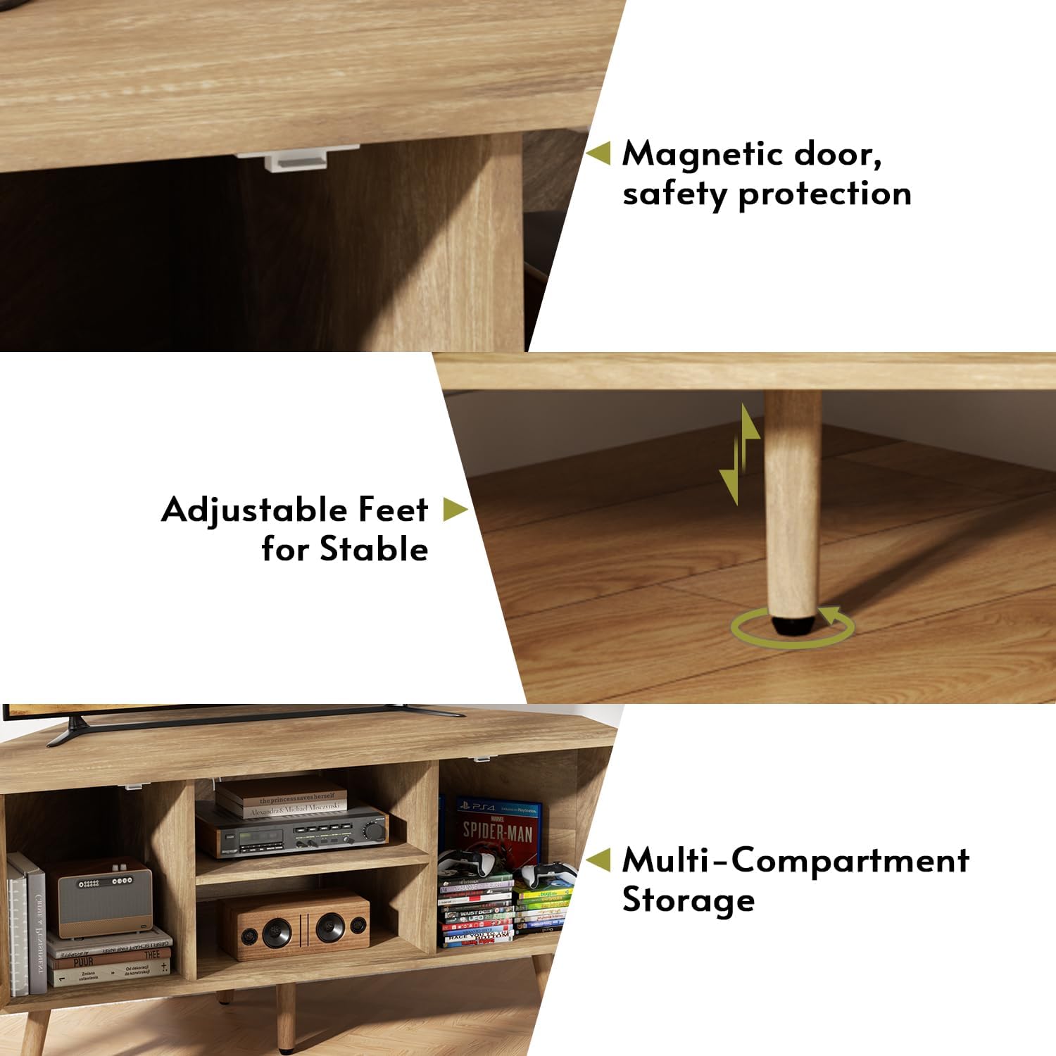 Corner TV Stand for 55 inch TV, Corner Entertainment Center with Storage, Boho Media Console with Rattan Doors, Solid Wood Feet, 2 Cord Holes, for Living Room, Natural