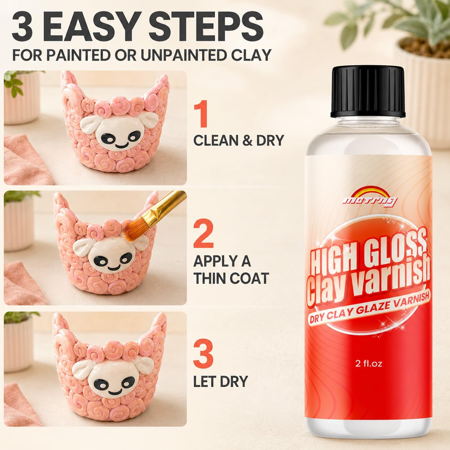 Clay Glaze, Air Dry & Polymer Clay Glaze Sealer Waterproof, Non-Toxic & Anti-Cracking, High Gloss Varnish for Air Dry Clay, Polymer Clay, Oven Baked Clay, Pottery Clay, Modeling Clay, Ceramic Clay