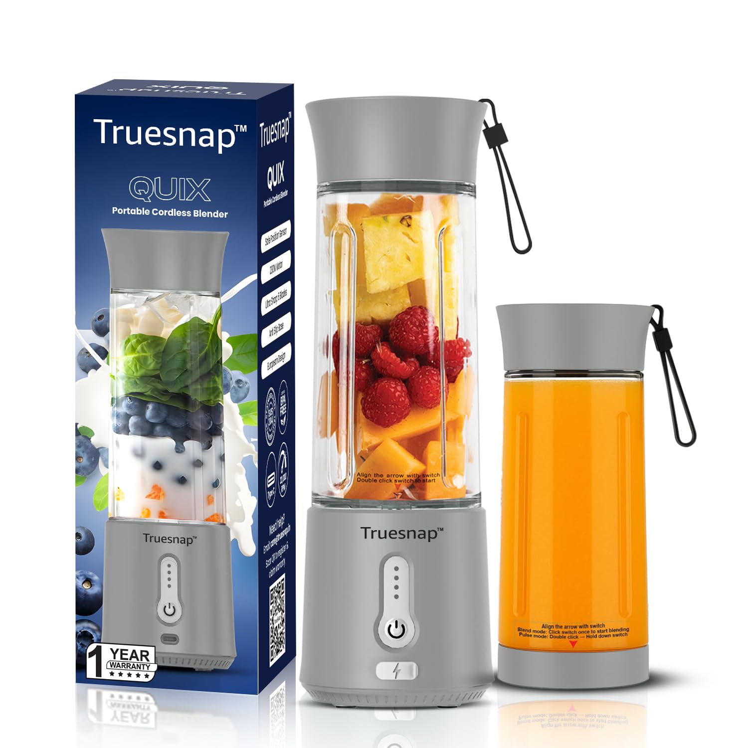 Truesnap QUIX PRO Portable Blender 500ml | USB-C Rechargeable Juicer Mixer | 6 Blades, 230W Motor, 4000mAh Battery | Personal Electric Smoothie Blender for Shakes, Travel, Fruit, Gym Use-Grey