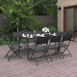 9 Piece Outdoor Dining Set for Patio, Modern Steel Frame Table & Stackable Chairs, Garden & Backyard Furniture