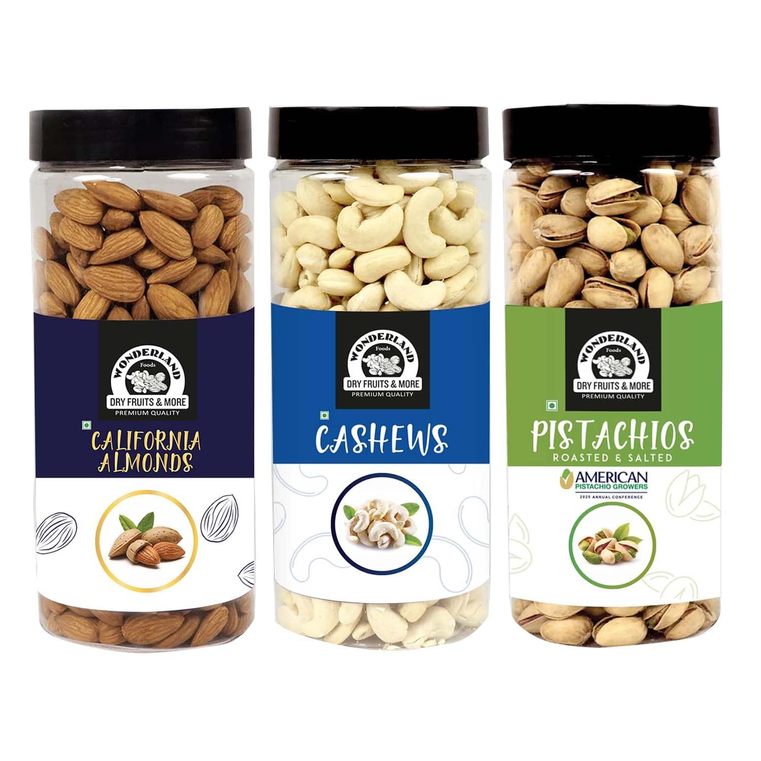 WONDERLAND FOODS (DEVICE) Premium Dry Fruits Combo Pack of Almonds (NP), Cashews (W-320) & Pista (500g Each), 1.5 Kg (Jar)