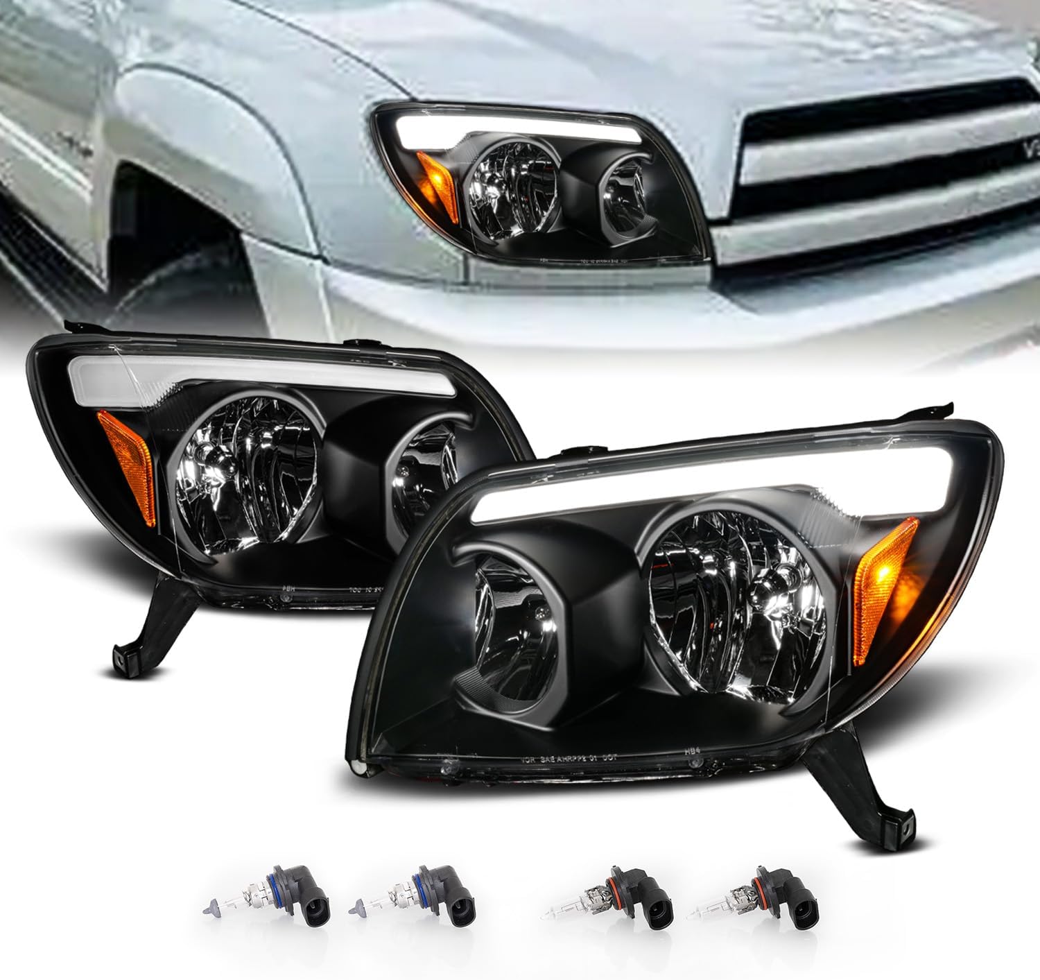 AmeriLite For 2003-2005 Toyota 4Runner Sport SUV LED Tube Bar Black Replacement Headlights Pair - Passenger and Driver Side
