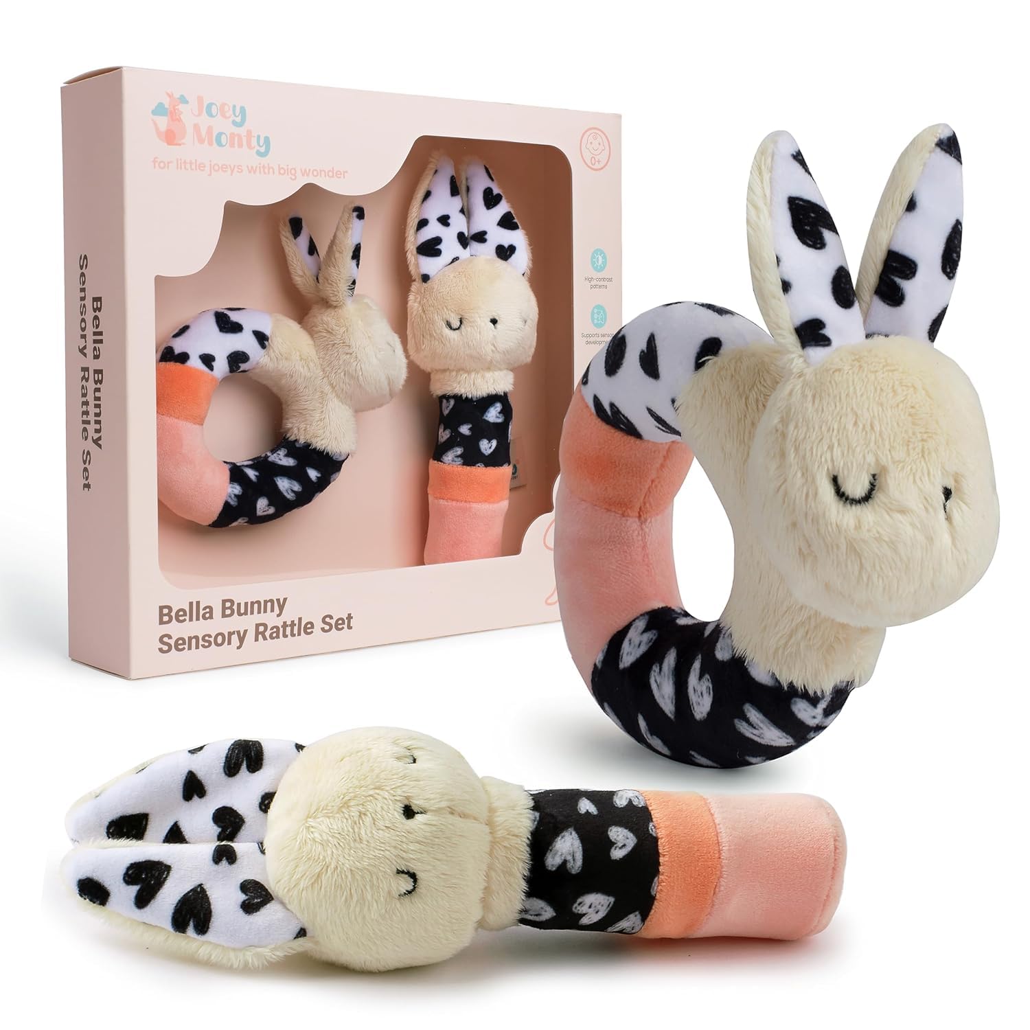 Bella Bunny Baby Rattle Toys - Rattles for Babies 0-6 Months High Contrast Baby Toys for Newborn Gifts - Ultra-Soft Sensory Toy Stick and Circle Baby