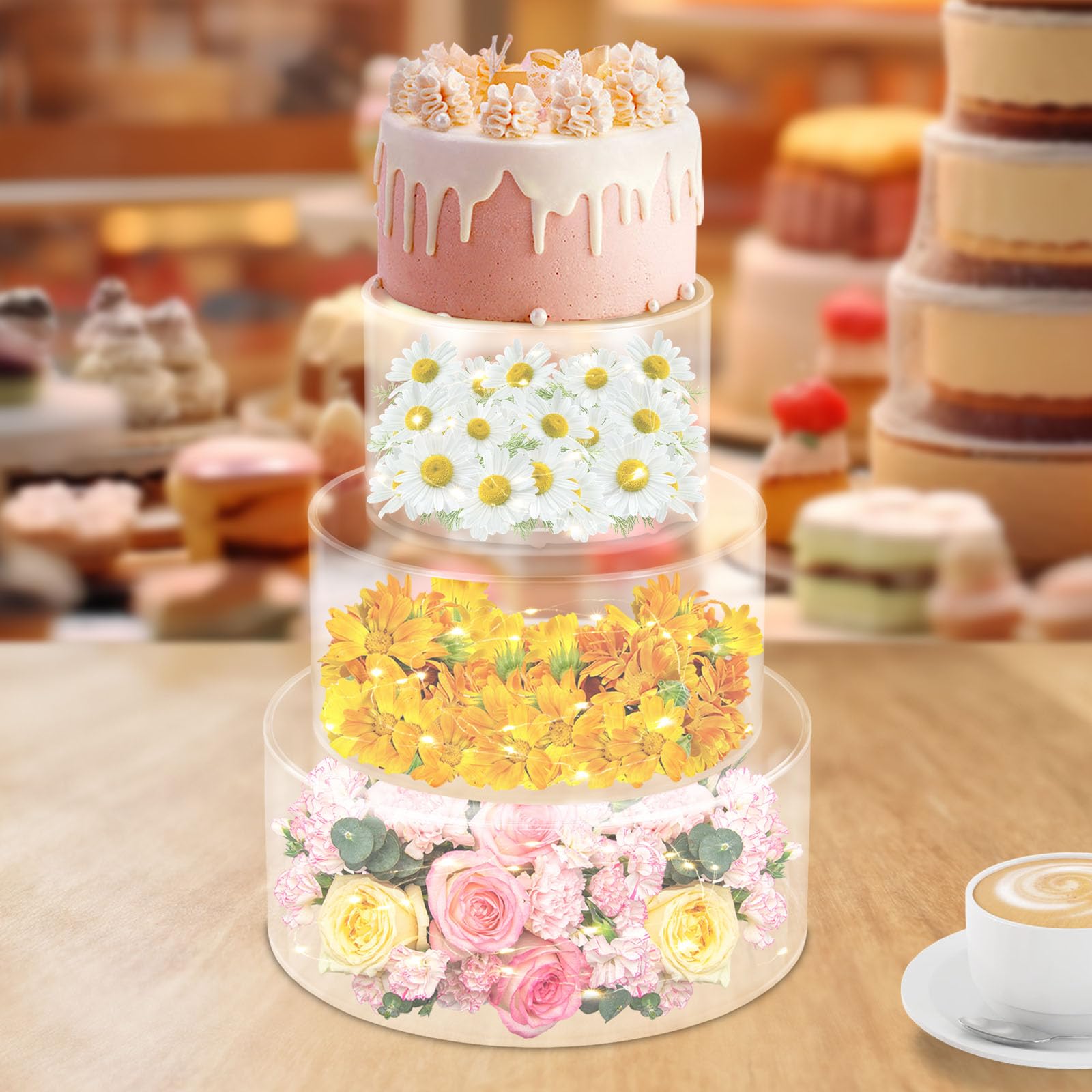Lot de 3 supports à gâteaux en acrylique transparent avec bandes lumineuses LED pour mariage, anniversaire, fête