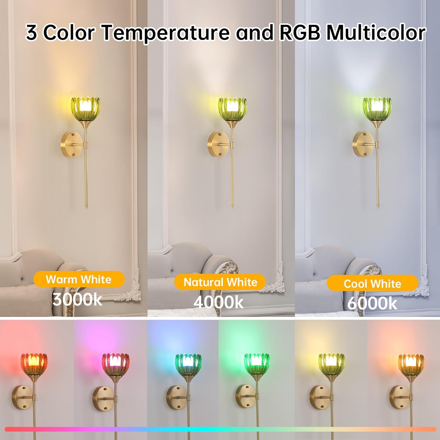 Battery Operated Wall Sconce Set of 2, Green Tulip Vintage Wall Light Fixture Rechargeable 5000mAh Battery Powered Wall Lamp with Remote for Living Room Bathroom