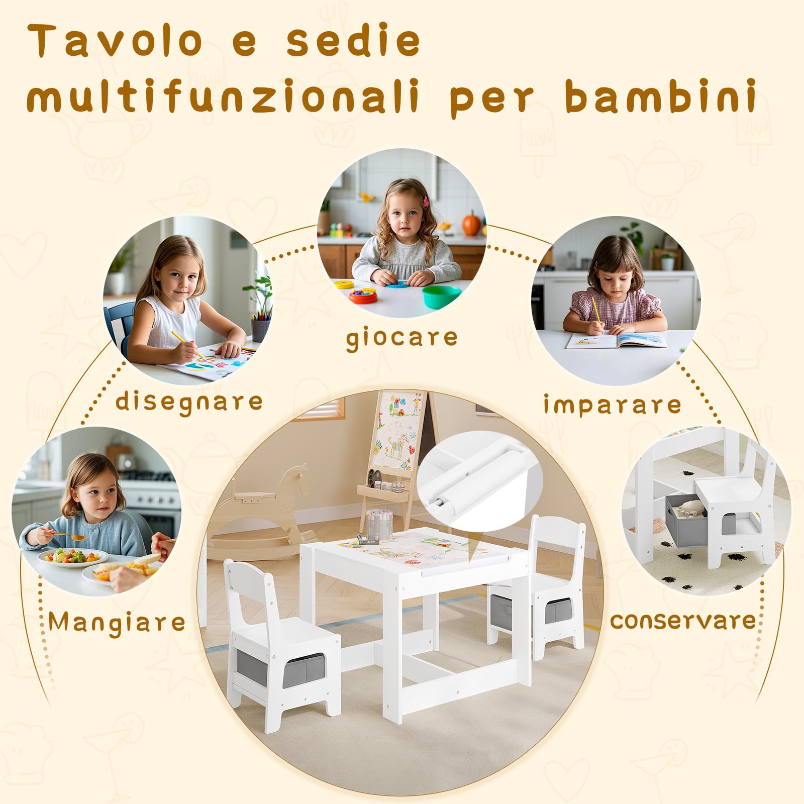 Lestarain Tavolino per Bambini con 2 Sedie, Lavagna, Scatole Portaoggetti, con Rullo di Carta per Asilo, Stanza dei Giochi