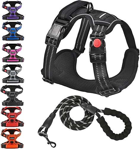 Juqiboom Arnés sin tirones para perro, con correa resistente de 5 pies, chaleco acolchado suave ajustable para perro, chaleco Oxford reflectante sin