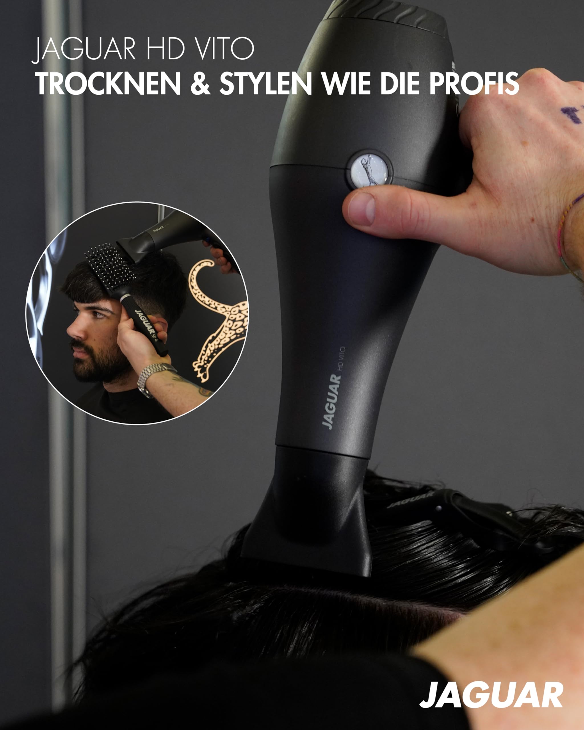 JAGUAR Haartrockner HD VITO | individuelle Heiz- & Gebläseeinstellungen | Profi Föhn | 3 Heizstufen, 2 Gebläsestufen, Sofort-Kalt-Taste | 2,8m langes Kabel | 2 Aufsatzdüsen | Vom Profi für Dich