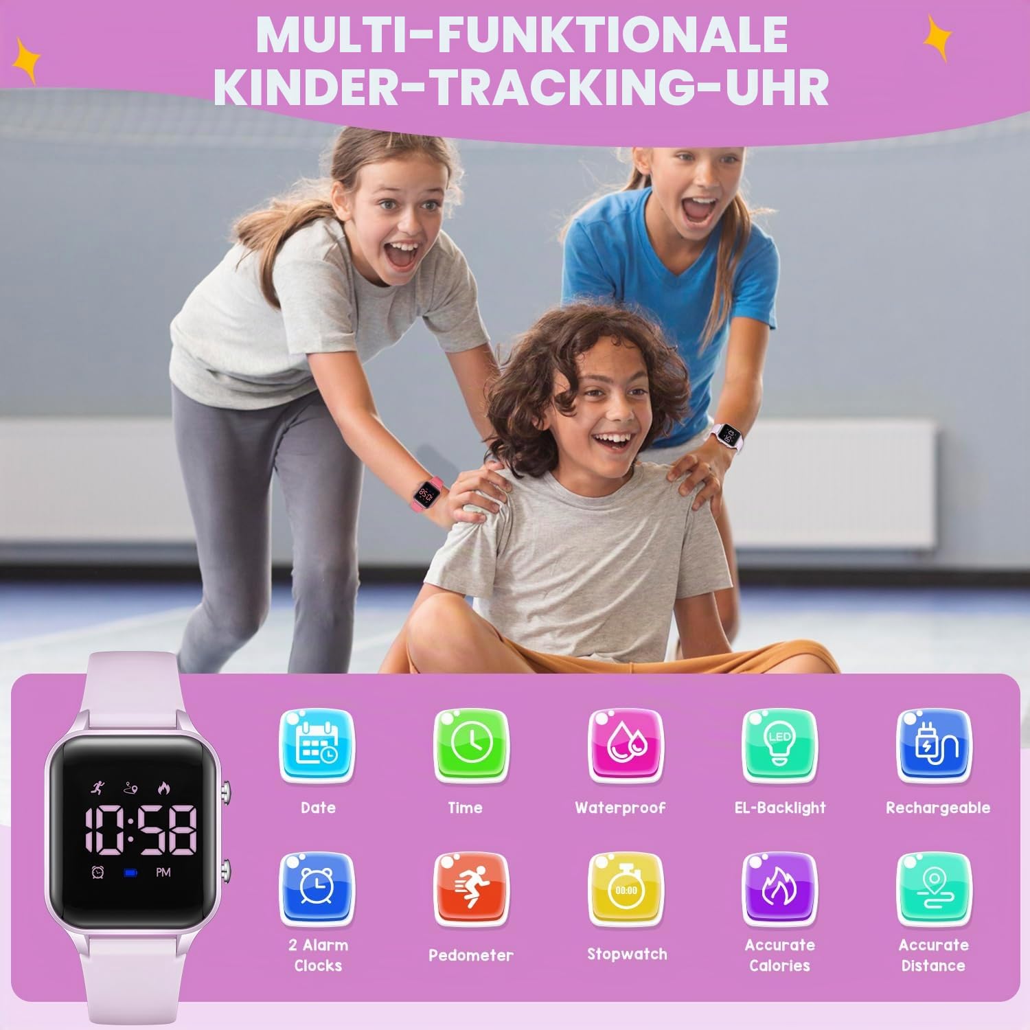Timever Digitale Kinder-Armbanduhr für Kinder im Alter von 5–14 Jahren, für Mädchen und Jungen, Kinder-Sportuhr, Outdoor-Digitaluhr mit Schrittzählung, Entfernungsberechnung, Vibration, Dual-Wecker