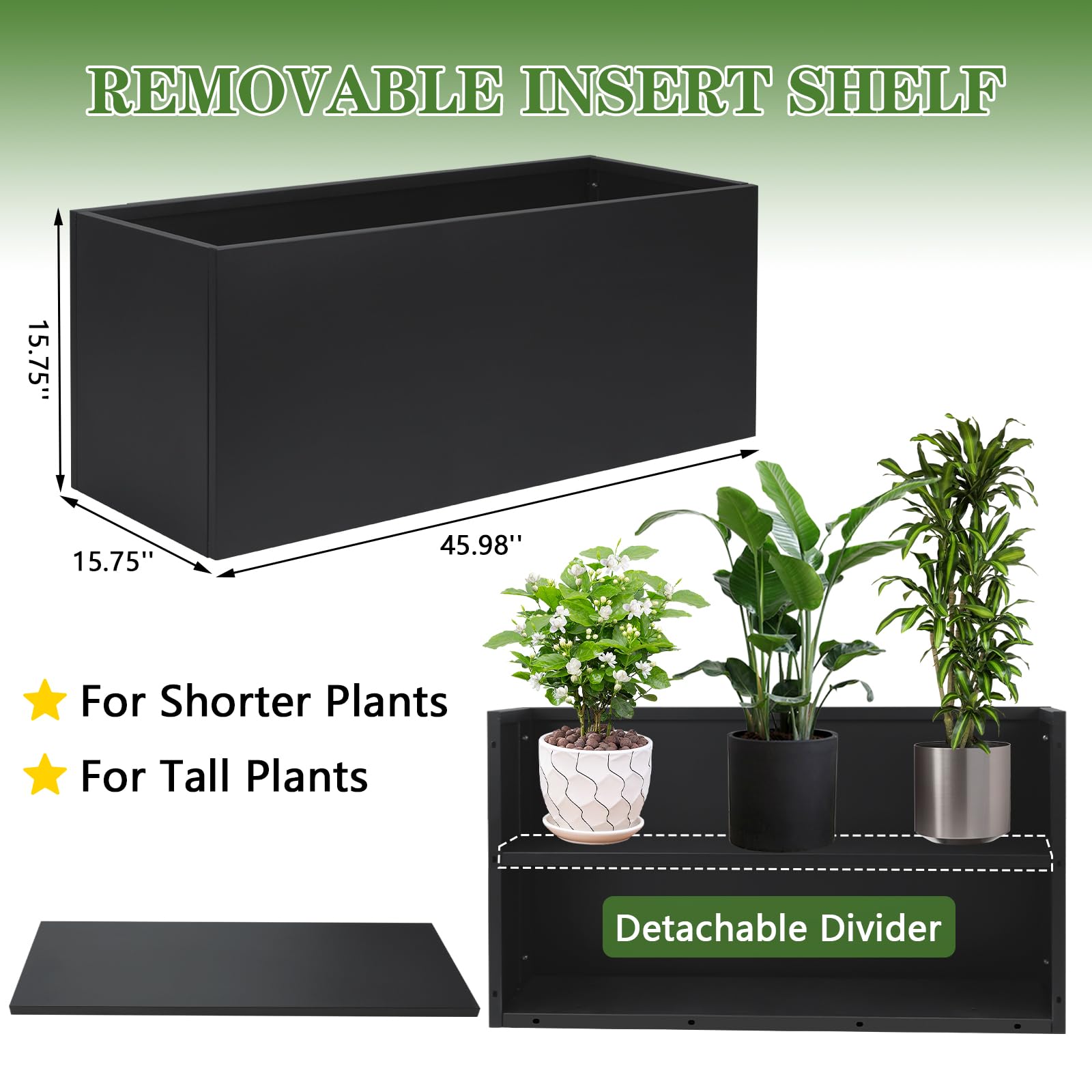 Condition photo showing New/Like New for metal planter boxes 46" l×16" w×16" h outdoor rectangular planter with removable insert shelf?black planter boxes outdoor, tall planter heavy duty