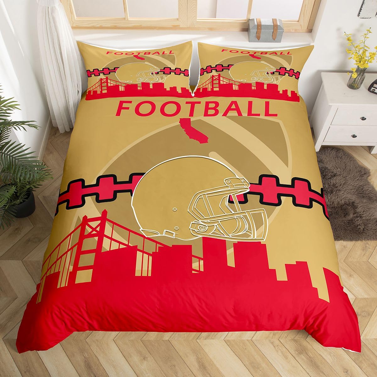 Erosebridal Football Duvet Cover Queen,Football Bedding Set for Boys,American Football Comforter Cover,Football City Bed Sets with 2 Pillow Shams,Red
