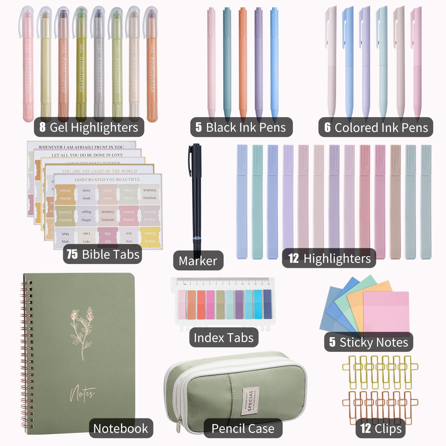 KOPKOFT Suministros de estudio bíblico, kit de diario bíblico para mujeres con diario, estuche para bolígrafos, pestañas, resaltadores y bolígrafos, kit de estudio bíblico para mujeres, regalos