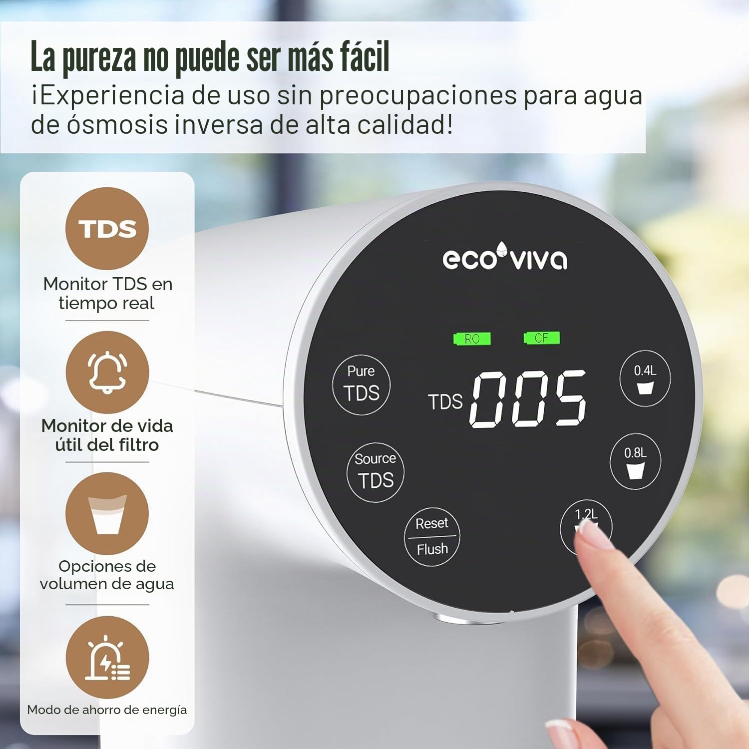 Ecoviva Sistema de ósmosis para el agua potable, sistema de ósmosis inversa con 4 etapas de filtración, monitor TDS en tiempo real, 3:1 puro a desagüe, filtro de agua móvil de ósmosis inversa sin