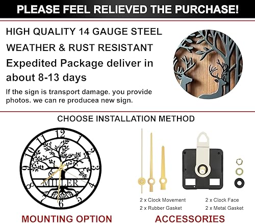Miniatura 4 de Reloj de pared de metal personalizado con el árbol de la vida, decoración de pared con apellido personalizado, reloj silencioso, decoración del