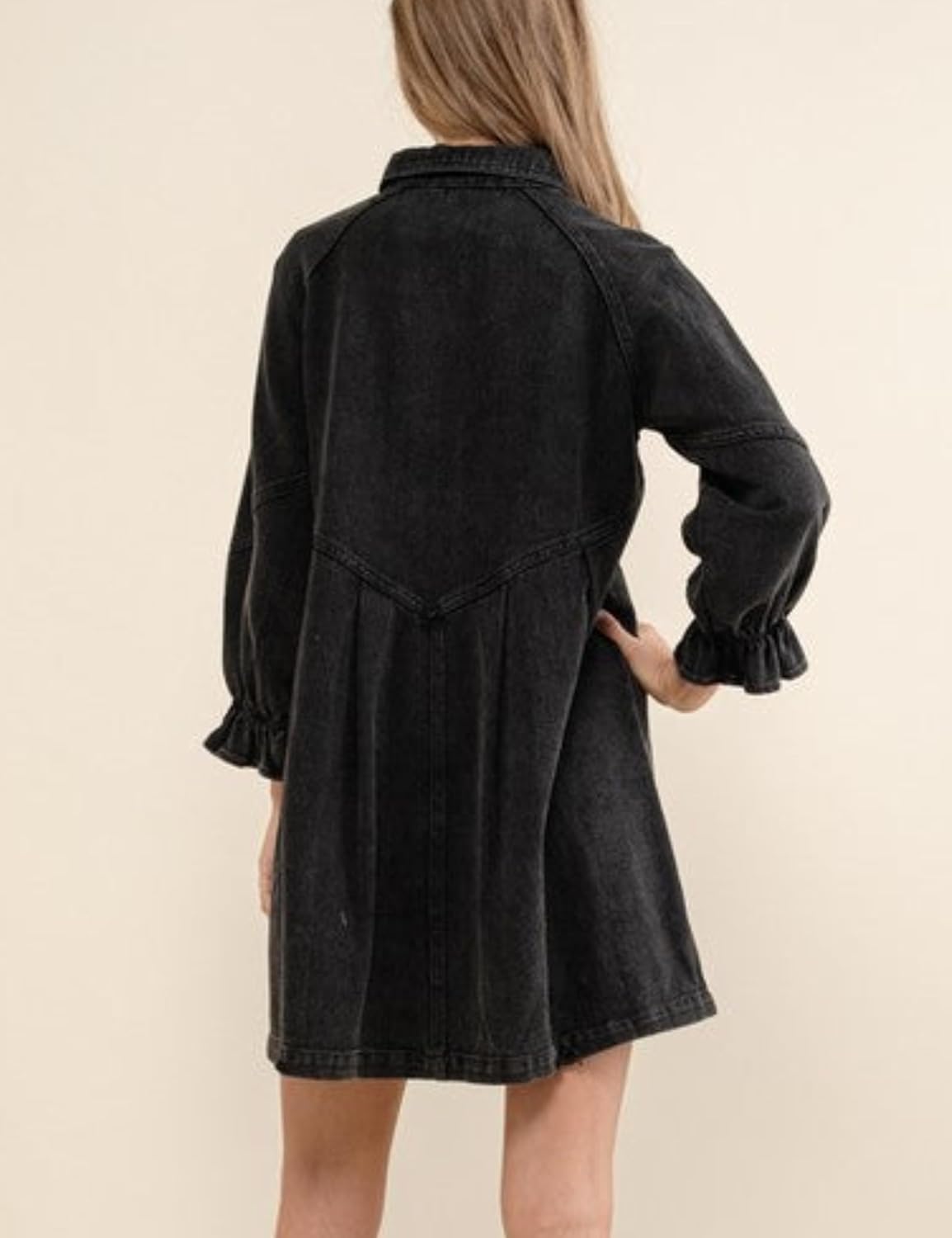 Women's Lantern Long Sleeve Denim Dress Button Down Shirt Jean Dress Collared Casual Tunic Top - Image 3