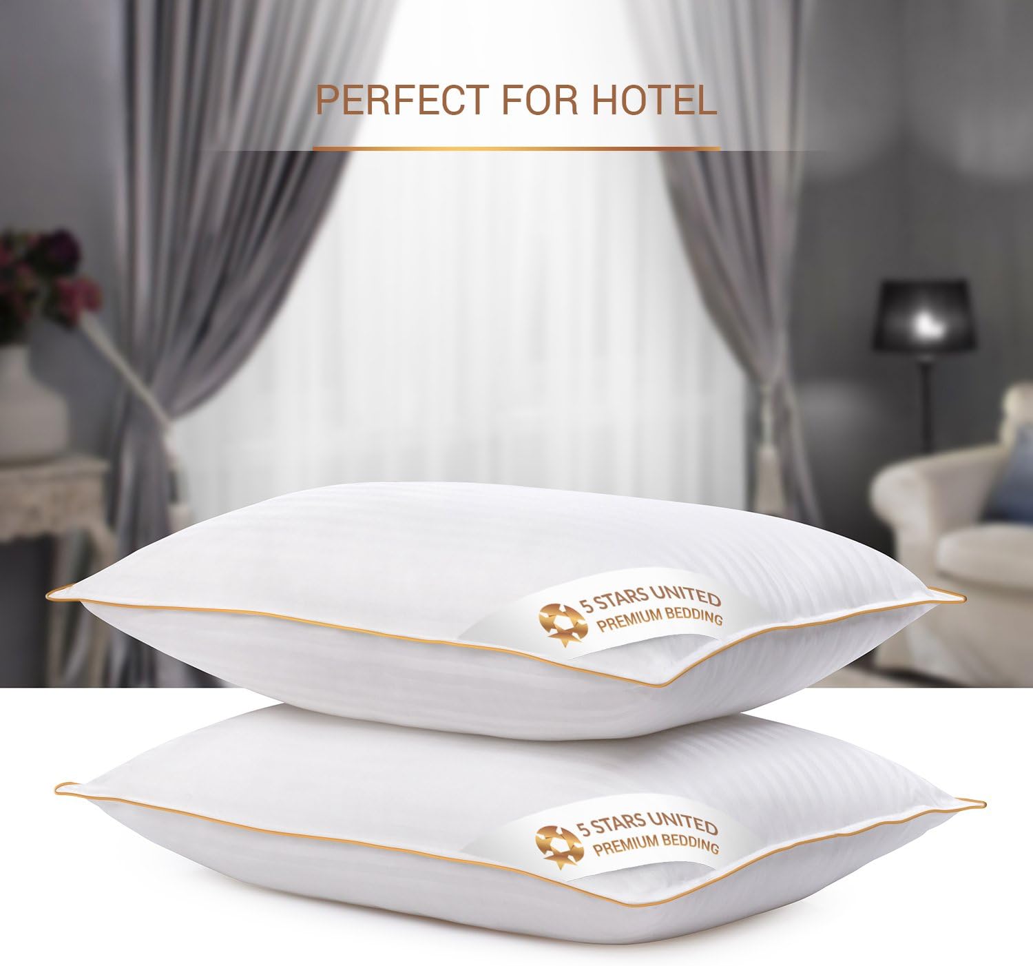 5 STARS UNITED Standard Size Pillows - Set of 2, 20x26, Super Soft Fiber Fill - Striped Satin Cotton Covers