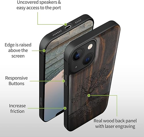Miniatura 6 de Carveit Funda magnética de madera para iPhone 13 Mini, madera real dura y TPU suave negro, funda protectora a prueba de golpes, funda de madera