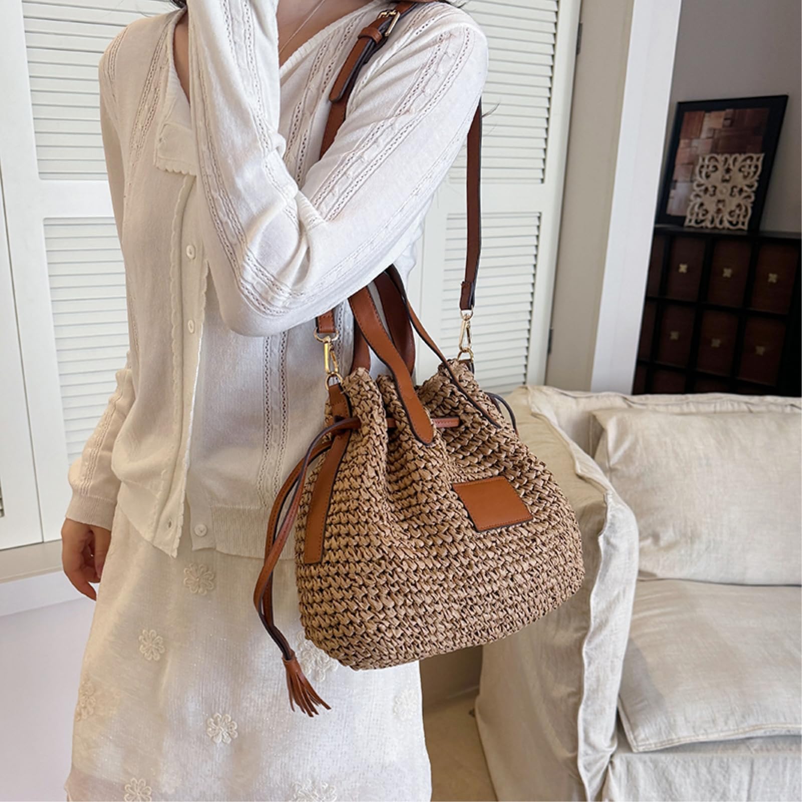 CHENSHI Borsa a Tracolla Donne Borse di Paglia Bucket Bags Fashion Ladies Crossbody per Le Casual Femminile Weave Beach Spalla-khaki-30x11x23cm