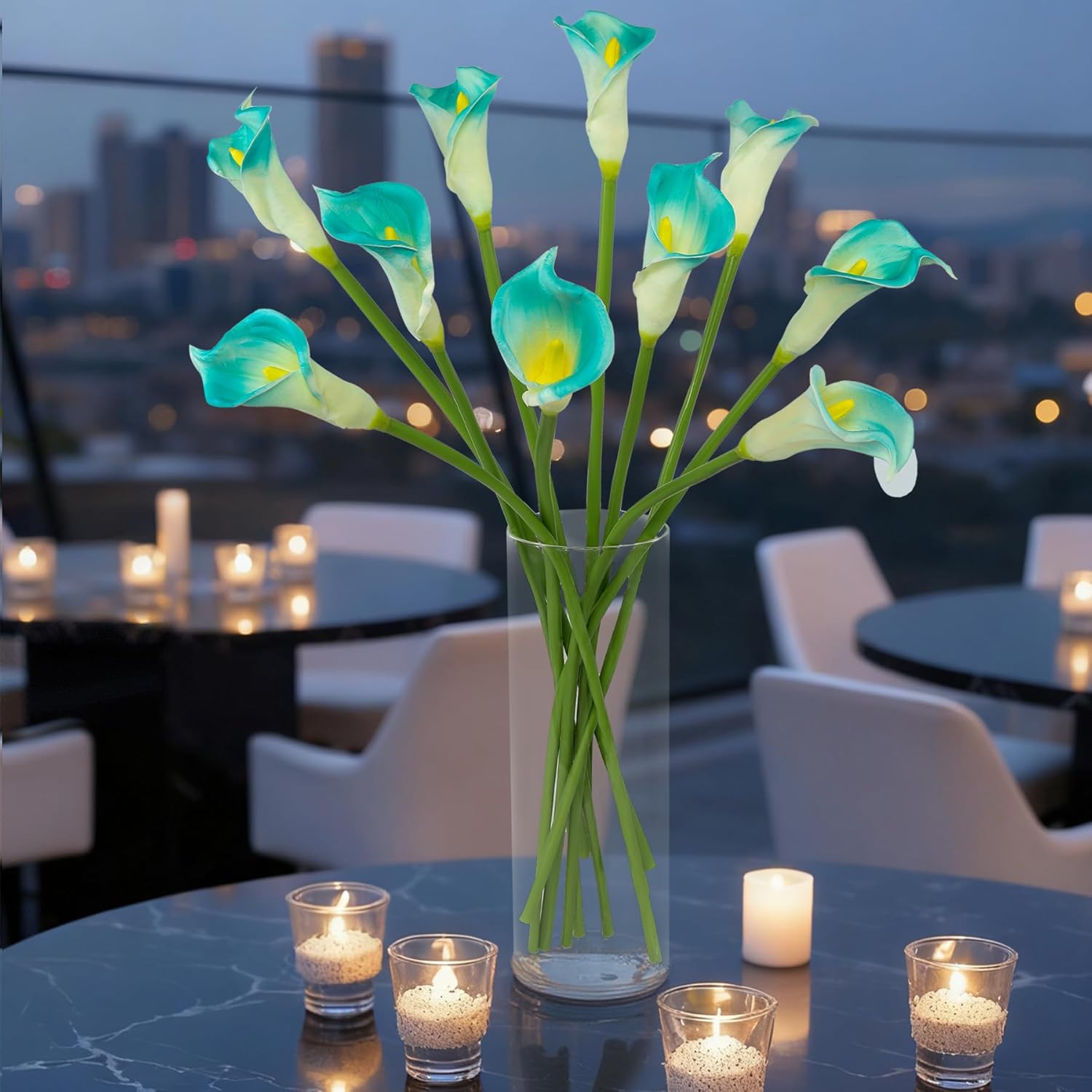 10pcs Calla Lily Artificial Flowers,26" Real Touch Long Stem Faux Calla Lillies for Tall Vases,Indoor Wedding Office Home Decor (Light Teal Blue)
