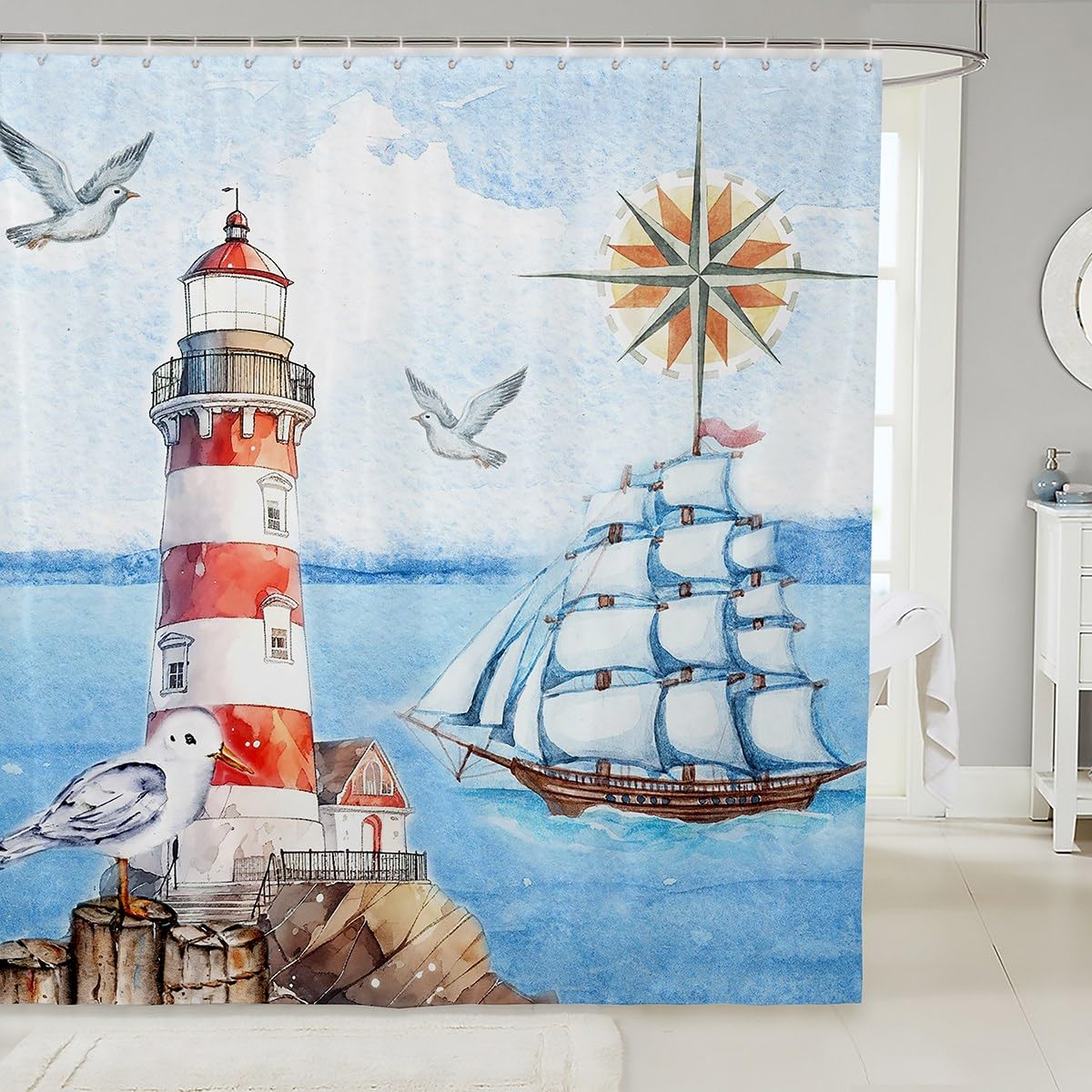 3D Nautical Sailboats Shower Curtain ,Pigeon Lighthouse Bathroom Curtain ,Blue Ocean Waterproof Curtain for Kids Boys Teens Men Room Decor Animal Sea