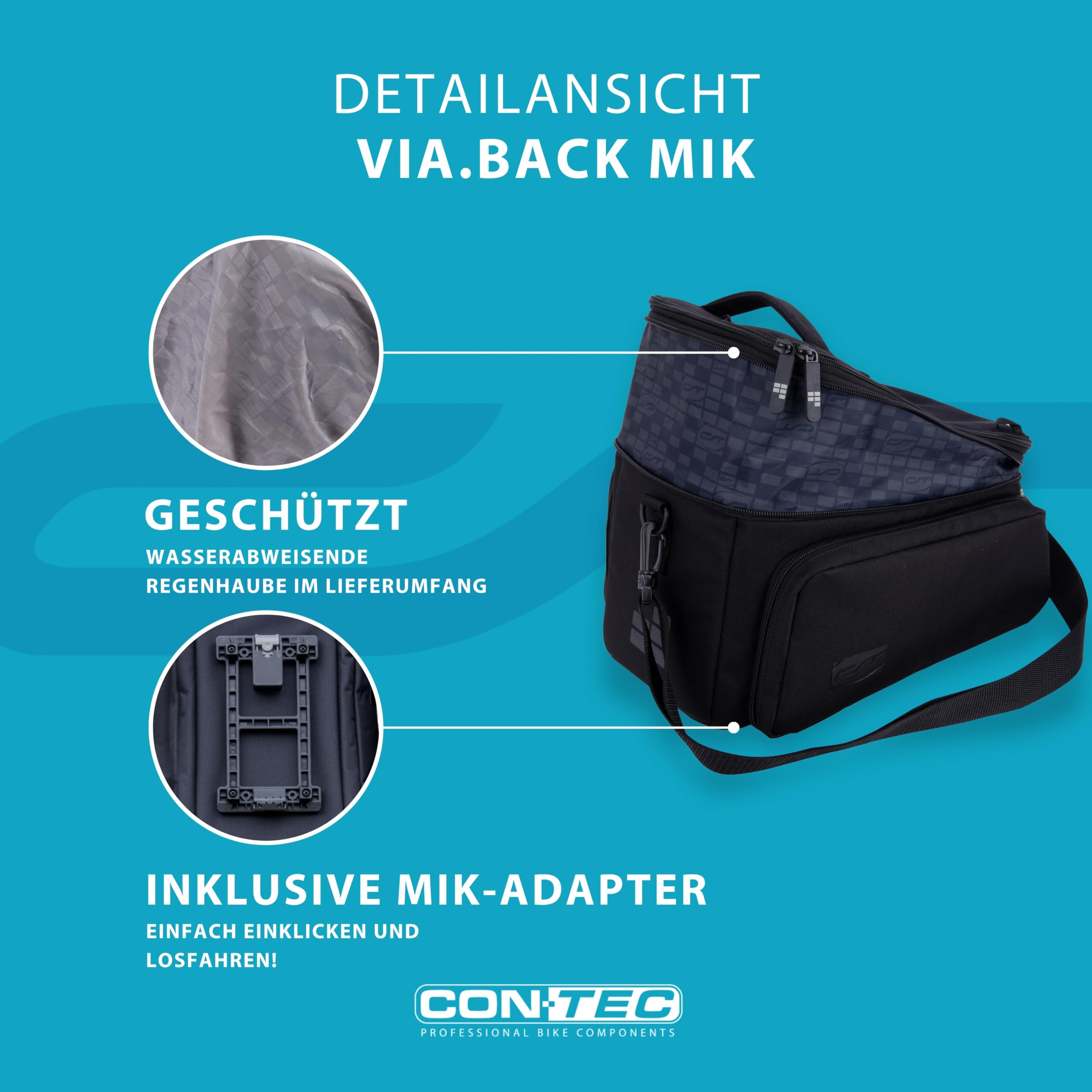 CONTEC Fahrrad-Gepäckträgertasche Via.Back MIK, vormontierter MIK Adapter, 32 L Volumen, mit Regenhaube, wasserabweisend, Verstellbarer Schultergurt, schwarz