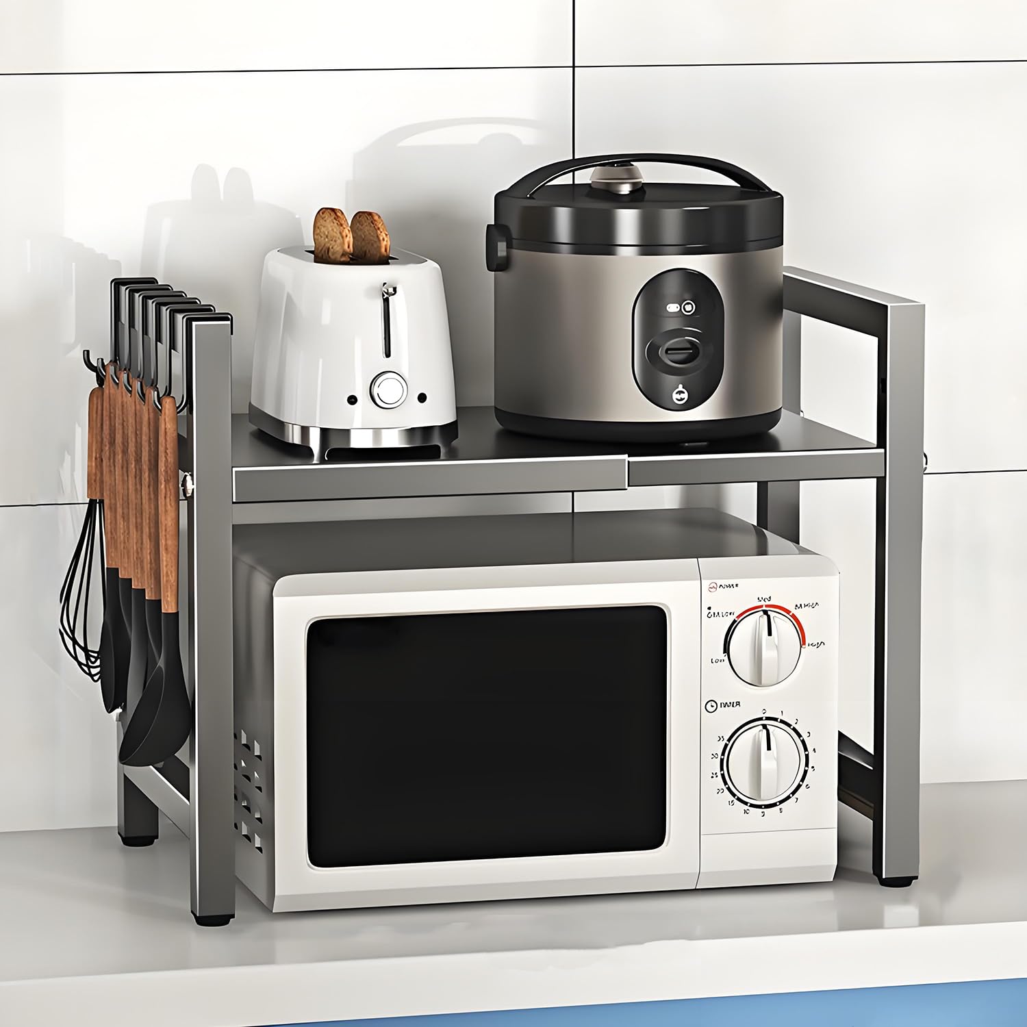 Mensola Microonde Regolabile 2 Livelli, Scaffale Cucina Salvaspazio con Supporto per Microonde, Estensibile da 40 a 64 cm, con 6 Ganci Rimovibili, Ripiano per Microonde per Cucina(Grigio)