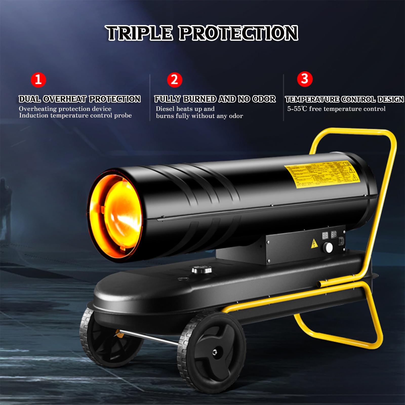 Riscaldatore di spazio a cherosene diesel da 20 kW, termostato regolabile, superficie di riscaldamento 600 m3, design con ruote, grande serbatoio carburante per garage e officine
