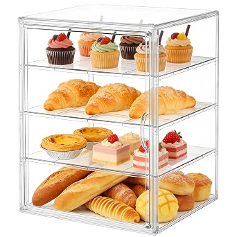 Pastry Display Case, Large, 4 Layers, 15.75x11.81x9.84inch | Clear Bread Storage, Magnetic Door, Adjustable Layers, For Bakery Cookie Bread Bagel Muffins Donut, Kitchen Countertop