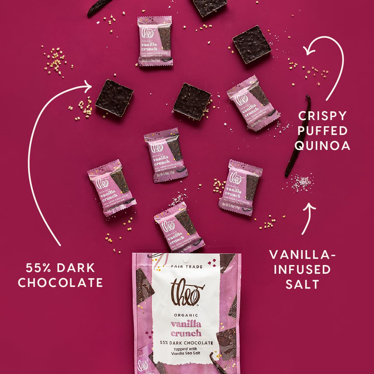 Theo Organic 55% Dark Chocolate Squares, Vanilla Crunch w/Vanilla Sea Salt, 6 Pouches (7 Individually Wrapped Singles per Pouch), 42 Pieces, Vegan, Fair Trade
