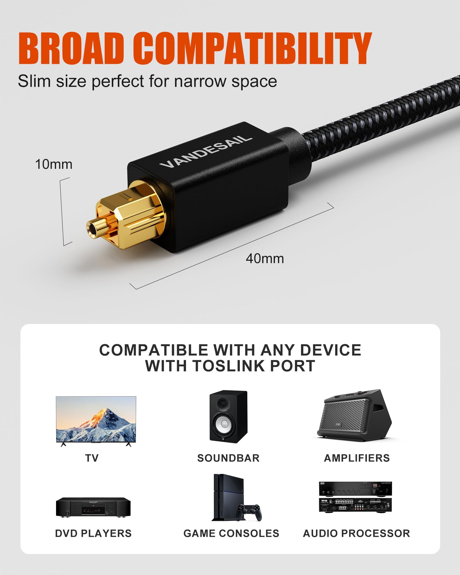 TOSLINK - Cable de audio óptico digital de 0,6 m, cable de fibra óptica trenzada de nailon para barra de sonido, cable chapado en oro, cables ópticos compatibles con TV, Xbox, PS4