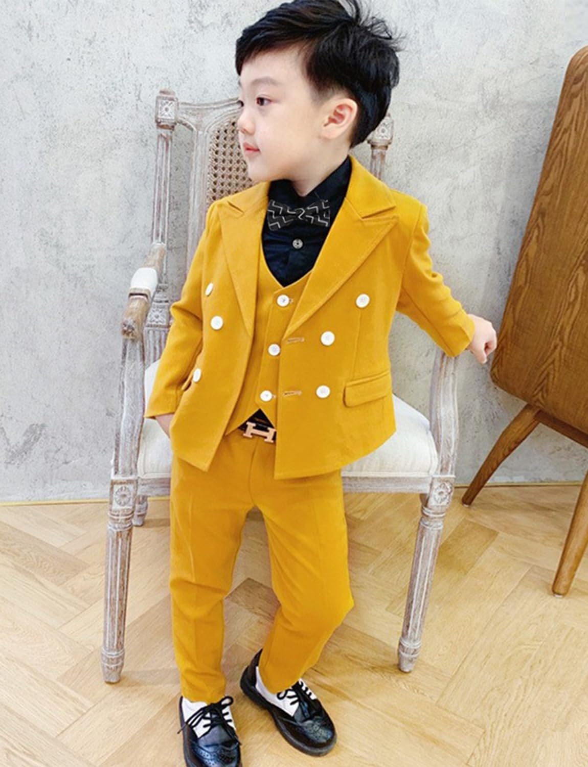 Kromoc Jungen Anzug Dreiteilig Zweireihig Knöpfe Hochzeit Ringträger Jacke Weste Hose