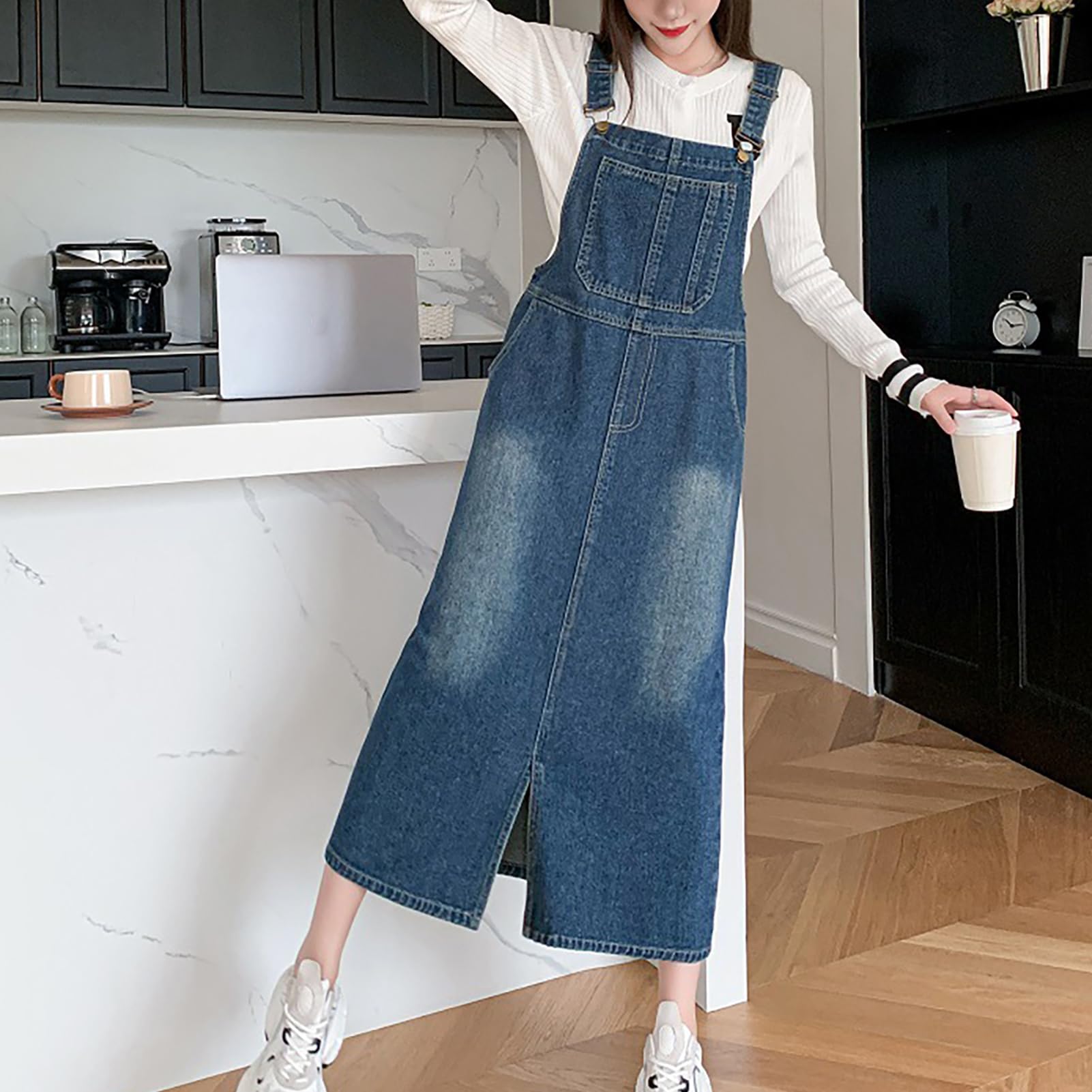 Vestito Salopette di Jeans Donna Mid Lunga Senza Maniche Denim Vestiti Overall con Tasche