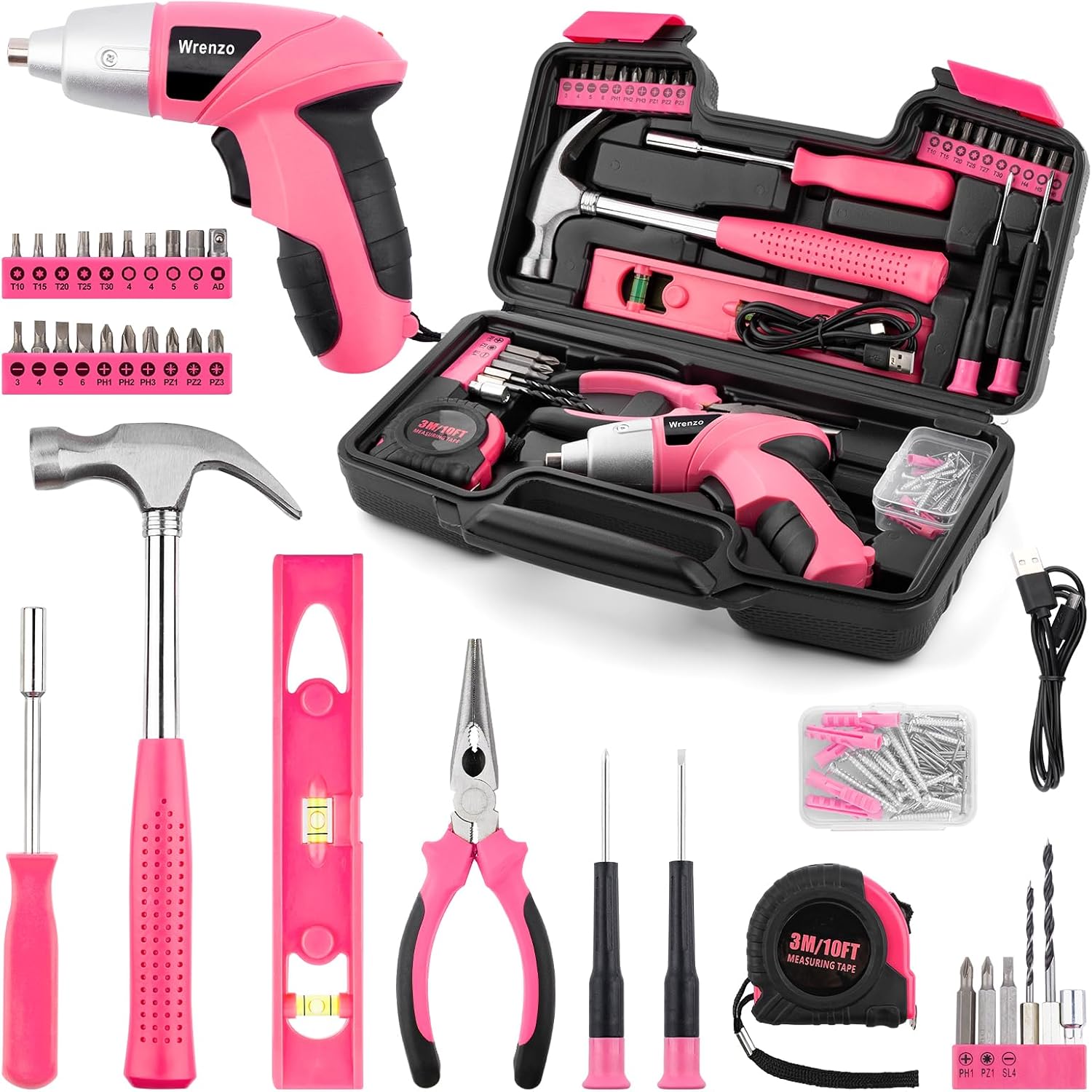 Drill Set,Cordless Drill,Small Tool Kit,112pc 3.6V USB Tool Set,Tool Kit for Dorm,Cordless & Rechargeable,Pink Home Toolbox for Women,DIY Toolbox