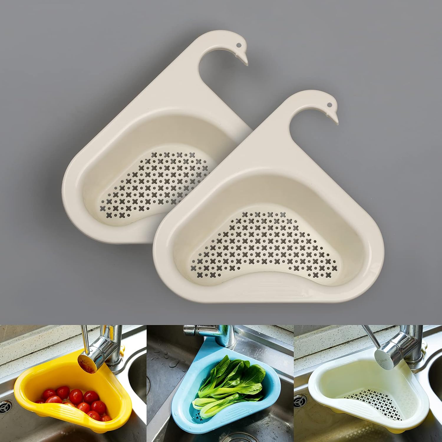 Kitchen Sink Drain Basket Swan Drain Rack - Multi-Functional Hanging Filtering Triangular Drain Shelf, Corner Kitchen Sink Strainer Basket Easy to Disassemble Fits All Sinks (2 Pack Beige)