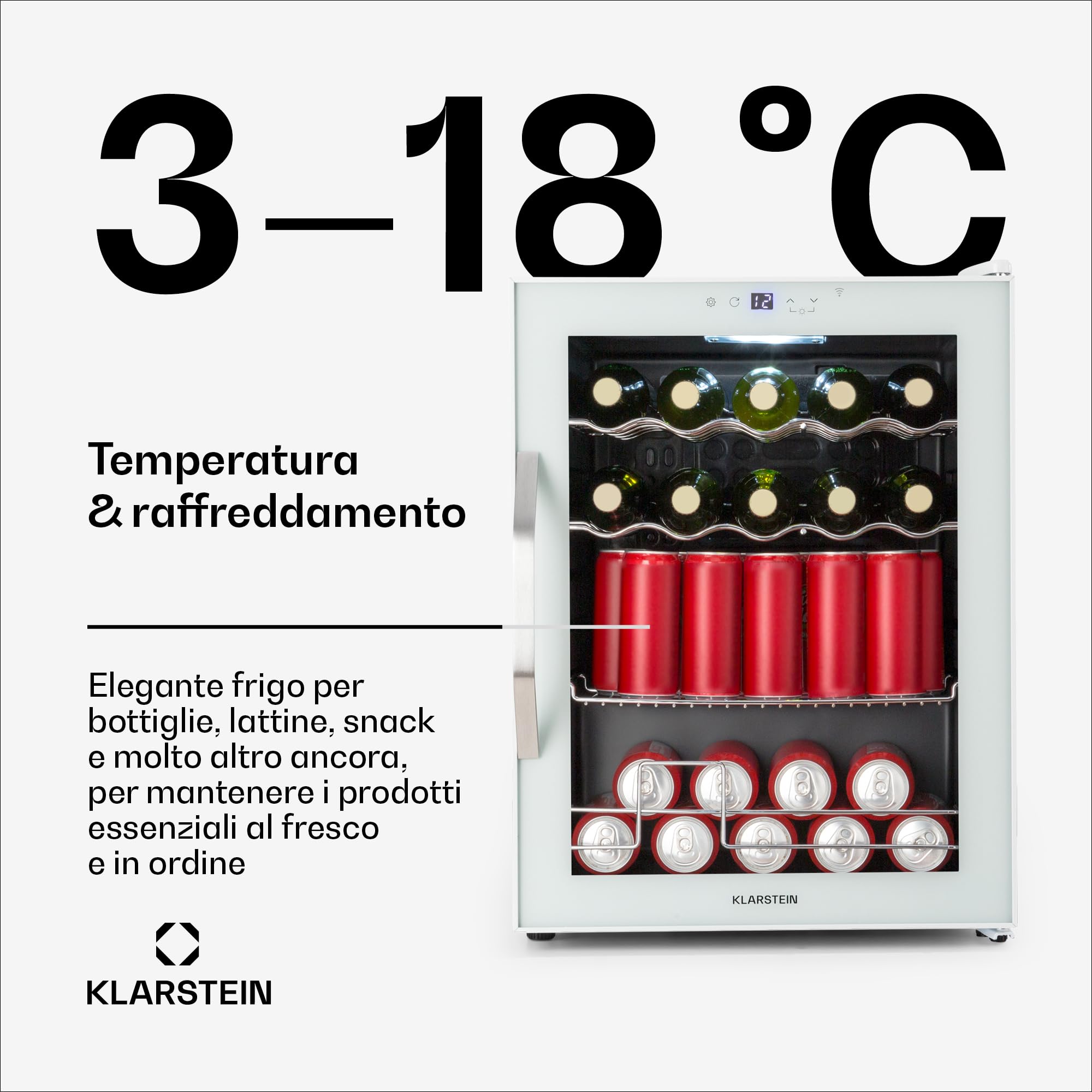 Klarstein Coachella 60 - Frigo per Bibite, 60L, Frigo per Bibite con Vetrina e WiFi, Illuminazione LED in 7 Colori, Sportello in Vetro, Controllo Touch, 3 Ripiani, 3-18°C, Bianco