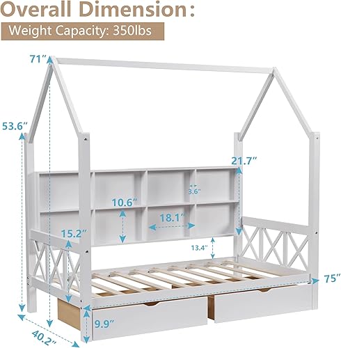 Miniatura 9 de HUMEHA Cama individual para niños, cama de plataforma con 2 cajones, marco de cama Montessori con barandillas y listones de madera, cama de