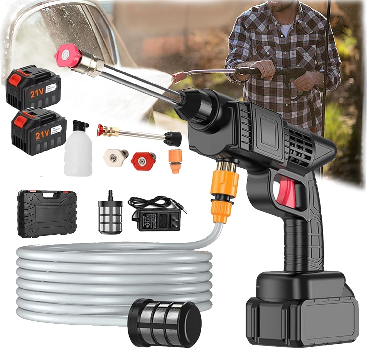 Portable Pressure Washer Hand Held, Power Washer with 16ft Detachable Hose for Car, Garden, 6-in-1 Nozzle 21V Portable Cordless Pressure Washer with Battery (10 Cells 2 Battery 1 Charge)