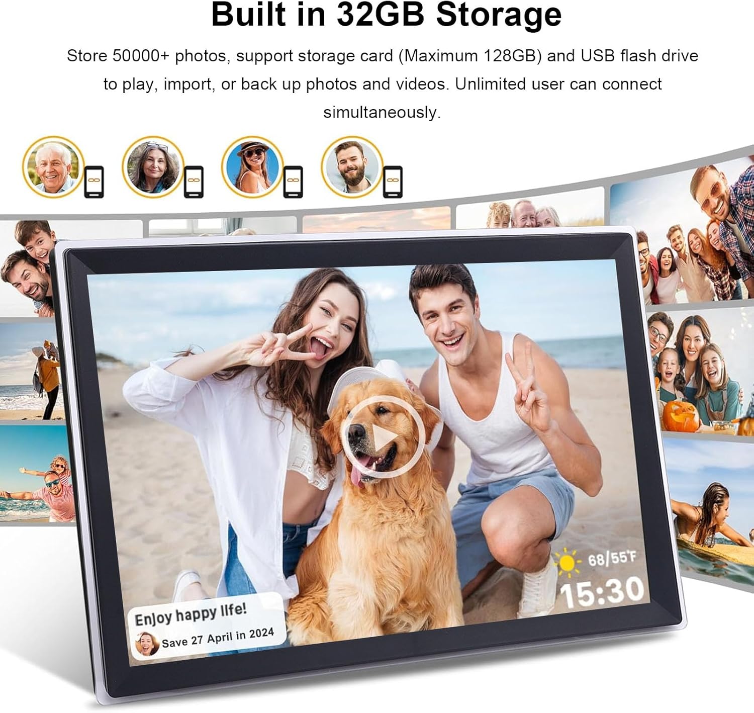 Digital picture frame highlighting 32GB built-in storage