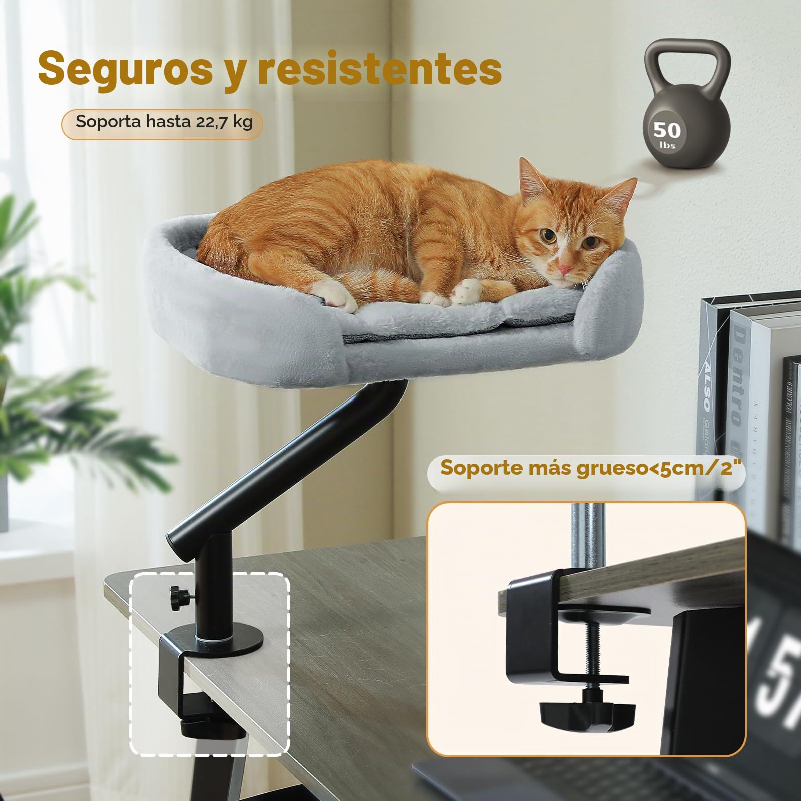 PAWZ Road Cama para Gatos de Escritorio con Pelota de Peluche interactiva, Cesta para Gatos, Soporte Giratorio 360°, Hamaca para con rascador, Cama para, soporta hasta 22,5 kg, Gris | Con pelota de peluche interactiva, cesta para gatos, hamaca para gatos,